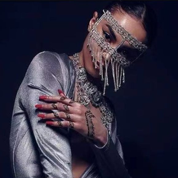 Rhinestone Crystal Tussle Mask Women Face Jewelry Halloween Accessories - Picture 2 of 6